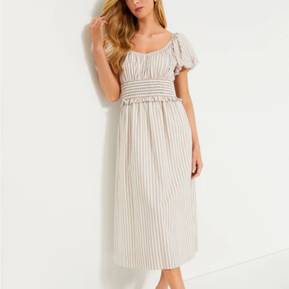 NWT Tuckernuck Pomander Place Tan Stripe Puff Sleeve Flynn Dress Medium